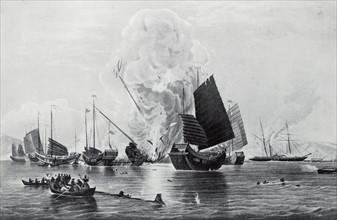 Aquatint of the East India Company's steamship Nemesis destroying Chinese War Junks at Chuenpee