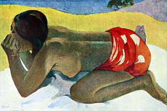 Painting of a topless female sunbathing