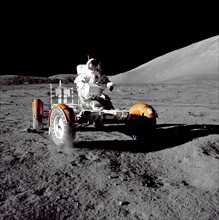 Apollo 17 commander Eugene Cernan test-drives the rover on the moon