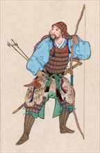Colour print of a Samurai with bow and arrow