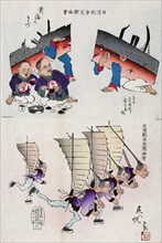 Colour illustration depicting damaged battleships receiving aid