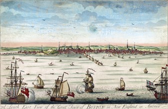 Colour print of a view of Boston from the harbour, with ships in the foreground