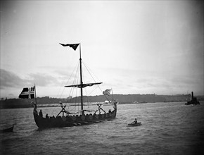 Photograph of a reconstructed Viking ship sailing in the Copenhagen harbour