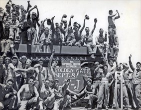 Photograph of American Marines celebrating their Victory over Japan 1945