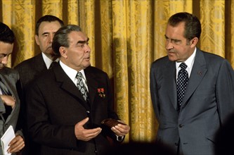 Photograph of US President Richard Nixon and Russian Leader Leonid Brezhnev