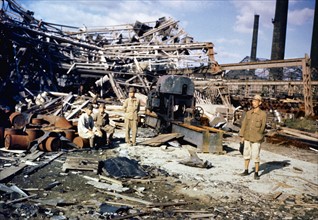 Colour photograph of the damage created by the atomic bombing of Nagasaki