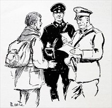 Illustration of Nazi officers examining the papers of an escaped POW