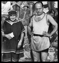 Benito Mussolini (1883 â€ì 28 April 1945) Italian politician, with his wife at the beach circa 1929