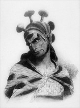 19th century illustration showing Hawaiian warrior