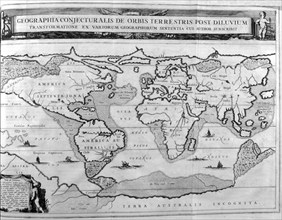 World map showing land formations and continents after the great flood from Arca Noe,