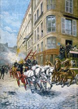 Horse drawn fire trucks rush through Paris to the scene of a fire