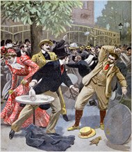 Illustration showing a drunken fight in a Paris Park, France 1899