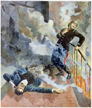 Illustration showing French fireman and civilian overcome by fumes during a fire