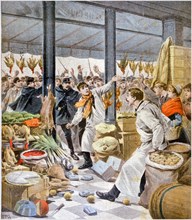 Grocers on strike as police hold back crowds in Paris, France 1899