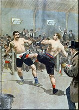 Illustration of two boxers fighting in a ring