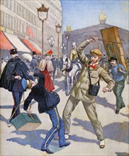 Illustration showing anti-English sentiments as an English traveller attacks a French Bellboy in Paris