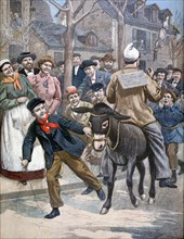 Illustration showing a local tradition of riding backwards on a horse in Montluçon