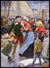 Illustration showing the departure of French cod fisherman as they leave Dunkirk 1900