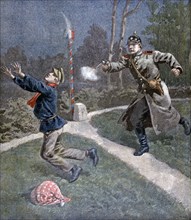 Illustration showing a French boy shot in the night on the France-Germany border, by a Prussian police officer 1900