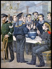Illustration showing a Russian sailors eating while on shore leave in France 1900
