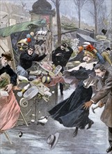 Illustration showing a Paris street scene during windy weather 1900