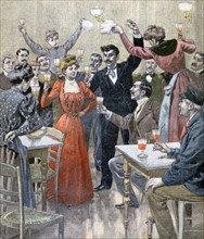 Illustration showing a celebration in a French bar, Paris 1900