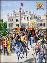 Illustration showing a procession in front of the Indian Pavilion, at the Exposition Universelle of 1900