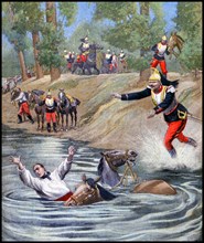 Illustration showing the accidental drowning of a French cavalry officer
