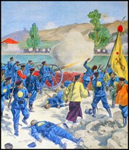 Boxer rebels with flag in action during a battle in the Boxer Uprising or Yihequan Movement