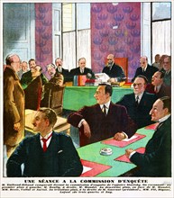 Magazine illustration showing a session of the commission of inquiry into the Stavisky Affair, Paris, France 1934