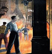 Magazine illustration showing a steel mill and furnace in France 1934
