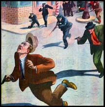 French magazine illustration, showing the American police and FBI agents chasing and shooting mafia gunmen