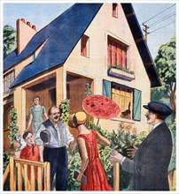 Illustration showing prospective buyers visiting a house after the introduction of the Loucheur law of 13 July 1928