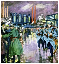 Illustration depicting French army occupying the mining regions of the Ruhr in Germany to secure reparations after World War One
