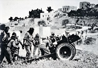 Arab Legion artillery shelling Jewish Haganah positions during the siege of Jerusalem; Israeli War of Independence 1948