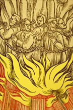 Engraving depicting the persecution by burning of Protestant Martyrs in England during the rule of the Catholic Queen Mary Tudor