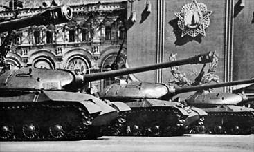 Photograph taken during Moscow's May Day Parade showing heavy tanks, representing their armed might