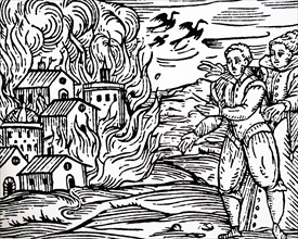 Woodcut print depicting witches setting houses ablaze after being scorned by villagers