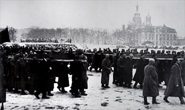 Photograph taken during the funeral of the victims of the Bloody Sunday Massacre in Petrograd