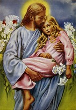 Painting depicting Jesus Christ holding a young girl in his arms