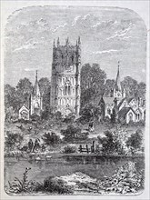 Engraving depicting Evesham Abbey, founded by Saint Egwin at Evesham in Worcestershire