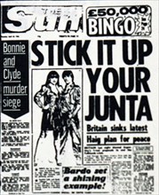 Front page of the Sun reporting on the sinking of the ARA General Belgrano during the Falklands War