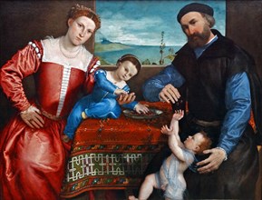 Painting titled 'Portrait of Giovanni della Volta with his Wife and Children' by Lorenzo Lotto