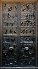 Bronze doors depicting the stories from the bible which were made at the order of St Bernward, Bishop of Hildesheim