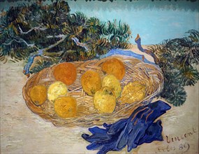 Painting titled 'Still Life of Oranges and Lemons with Blue Gloves' by Vincent van Gogh