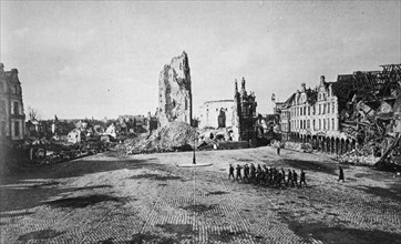 Photograph of the Town Hall in the Petite Place after the battle of Arras