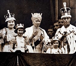 Photograph taken during the coronation of King George VI and Queen Elizabeth Queen Mother, pictured with their children and Queen Mary of Teck