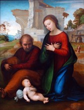 Painting tilted 'The Virgin adoring the Child with Saint Joseph' by Fra Bartolomeo