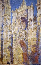 Painting titled 'Rouen Cathedral, West Facade, Sunlight' by Claude Monet