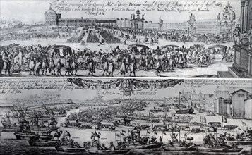 Engraving depicting the departure from Lisbon and her arrival of Queen Catherine of Aragon